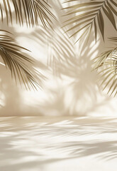 Obraz premium Shadow of tropical palm leaves on a white wall. mockup for product presentation, presentation design 