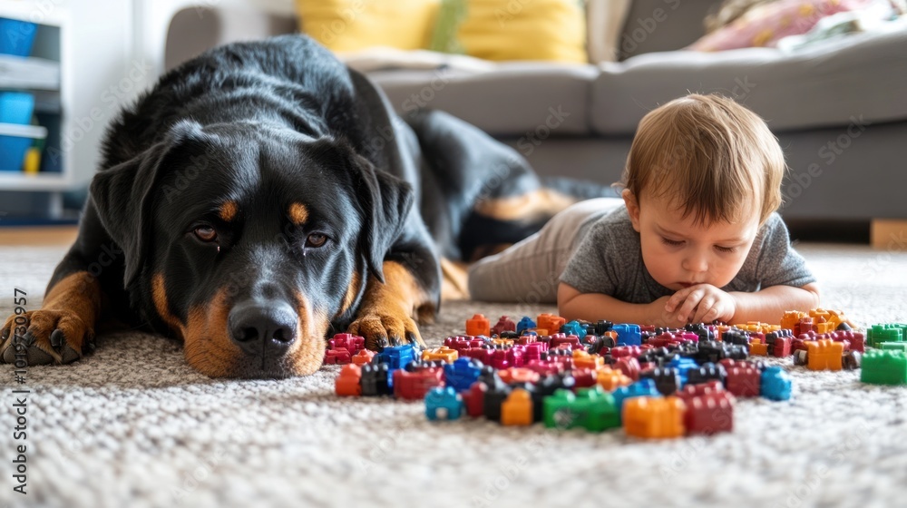 Canvas Prints A child plays with colorful blocks alongside a relaxed dog in a cozy living room setting.