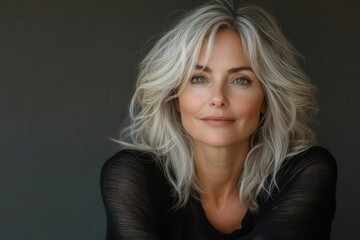 Fototapeta premium studio portrait of a stylish middleaged woman aged 5055 exuding confidence and charm against a soft grey backdrop showcasing her vibrant personality and elegance