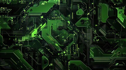Dark abstract art background with broken squares and glowing green lines geometric futuristic circuit board, digital art with glowing moss green color