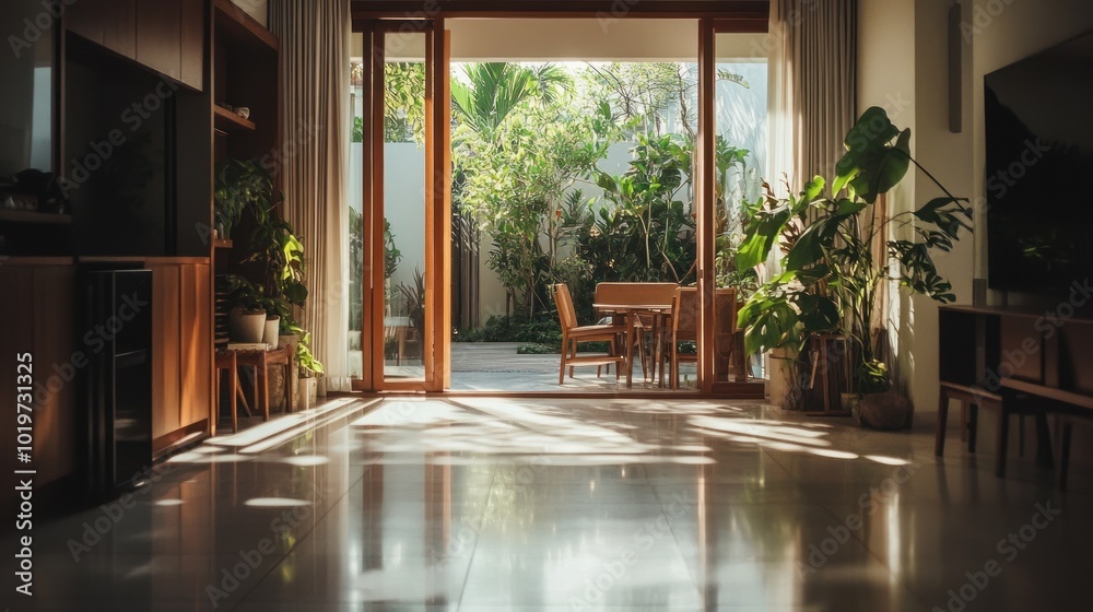 Poster Bright indoor space with wooden furniture and lush greenery visible through large glass doors.