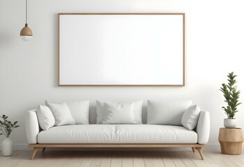 A white sofa with wooden legs in a minimalist living room setting, with a large blank white frame on the wall above the couch.