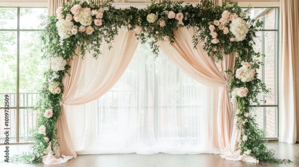 Wall mural Elegant wedding backdrop with draped fabric and floral arrangements.