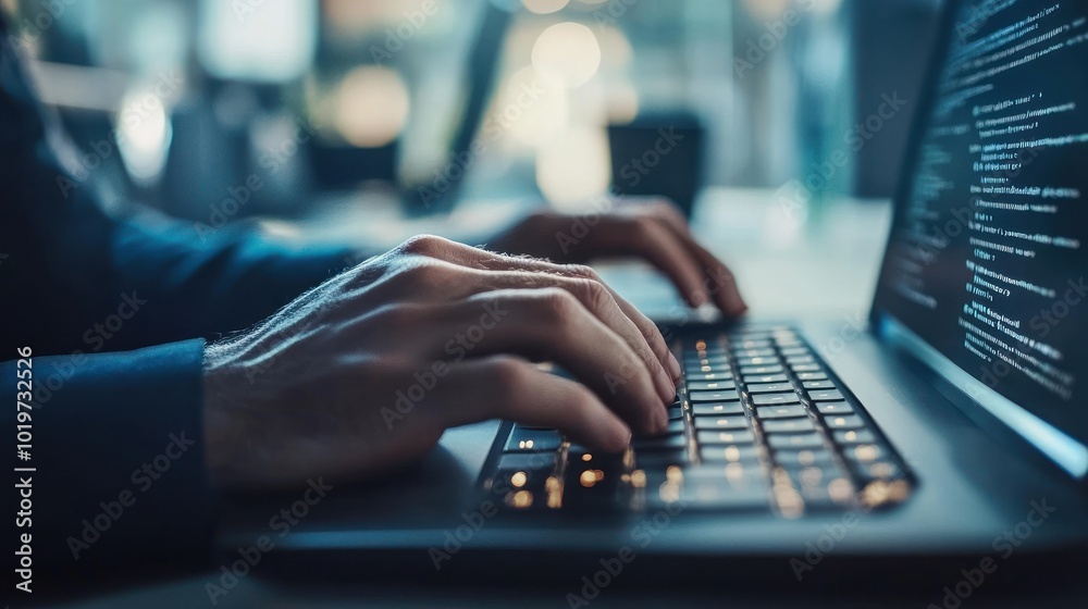 Sticker Close-up of hands typing on a laptop keyboard in a modern workspace.