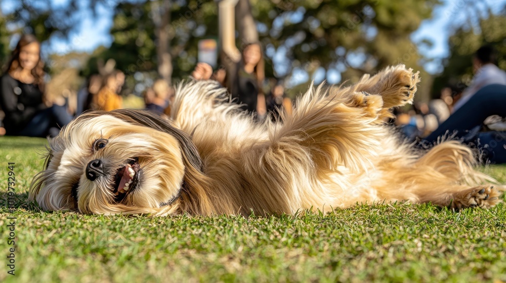 Canvas Prints A playful dog rolls on the grass, enjoying a sunny day among people in the background.