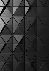 Fototapeta premium A room with a wall of black triangles on a background Top-View Pattern of Polished Black Pyramids