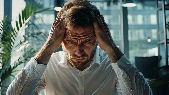 A man in a white shirt sits in an office and holds his head in his hands
