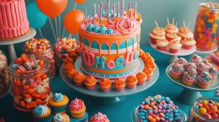 A vibrant birthday cake display with colorful treats and decorations for a festive celebration.