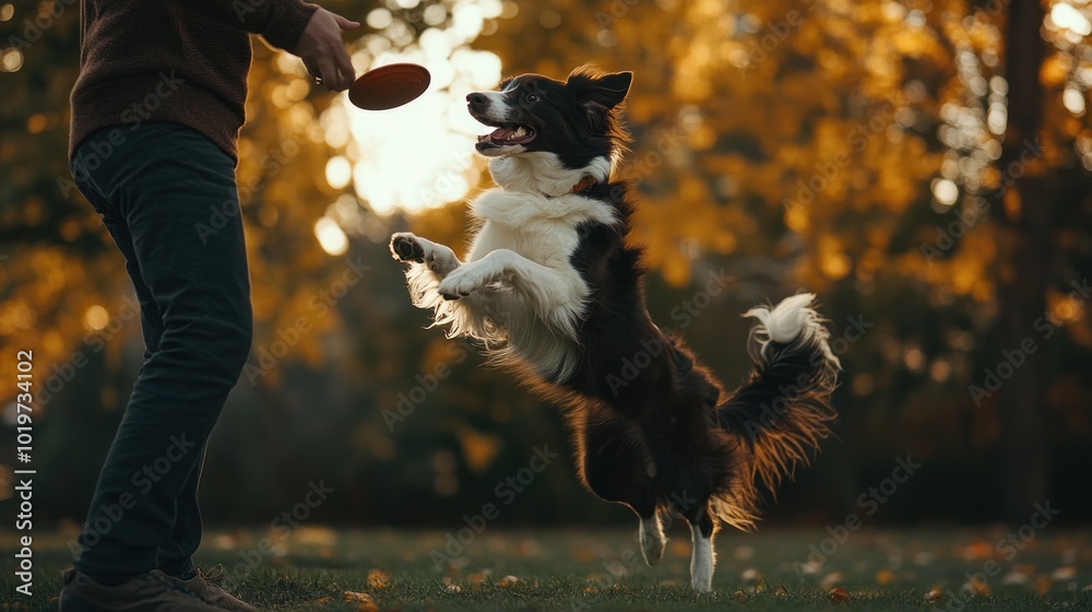 Canvas Prints A joyful dog leaps for a frisbee in a vibrant autumn park.