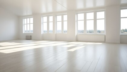 Fototapeta premium Empty white room with large windows and wooden floor.