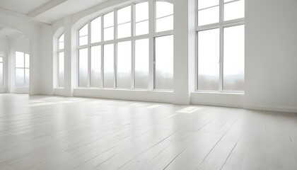 Fototapeta premium Empty white room with large windows and wooden floor.
