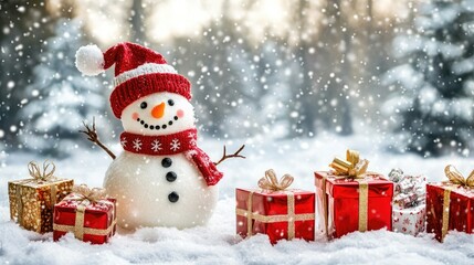 Snowman and holiday gift boxes placed in a snowy winter wonderland, with snow-covered trees in the background.