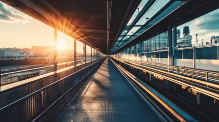 Obraz premium A sunlit walkway with modern architecture, leading into the distance.