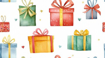 Colorful watercolor gift boxes on a white background.
