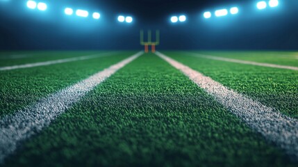Obraz premium Night Football Field: A dramatic low-angle view of an American football field at night, illuminated by bright stadium lights, with the goalposts in the distance.