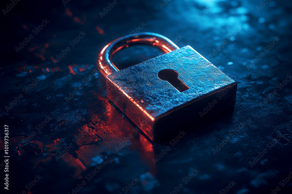 Wall mural digital padlock for computing system on dark blue background, cyber security technology for fraud pr