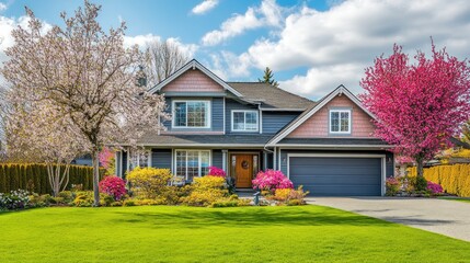 Obraz premium A beautiful suburban home surrounded by colorful flowers and lush greenery.