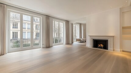 A spacious, modern living room with large windows and a fireplace.