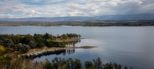 Panoramic view of the coast of Los Molinos reservoir in Villa Ciudad Parque in Cordoba, Argentina