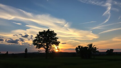 Silhouetted Tree Against a Dramatic Sunset Sky