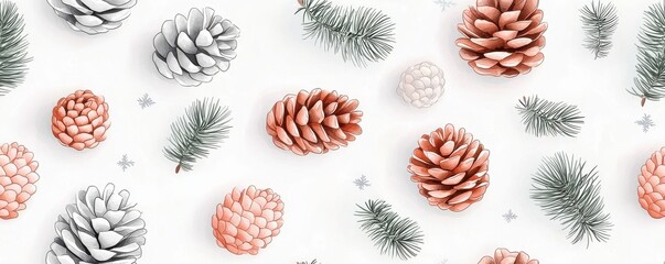 Pine cones and branches on a white background design.