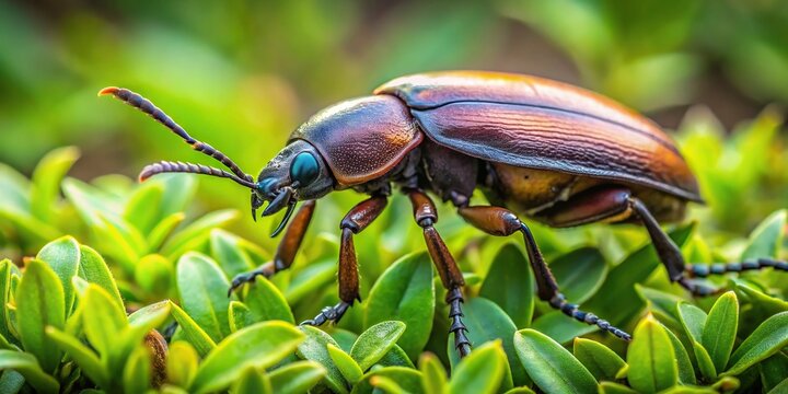 Big beetle stick of Achrioptera fallax on a green bush in wide-angle view