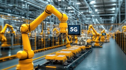 Naklejka premium 3D illustration of a smart factory environment with autonomous robots transporting products, demonstrating the efficiency brought by 5G connectivity in industrial operations.