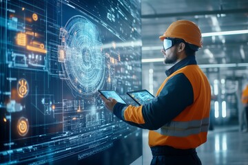 Engineer Examining Advanced Technology Interface in Industrial Facility