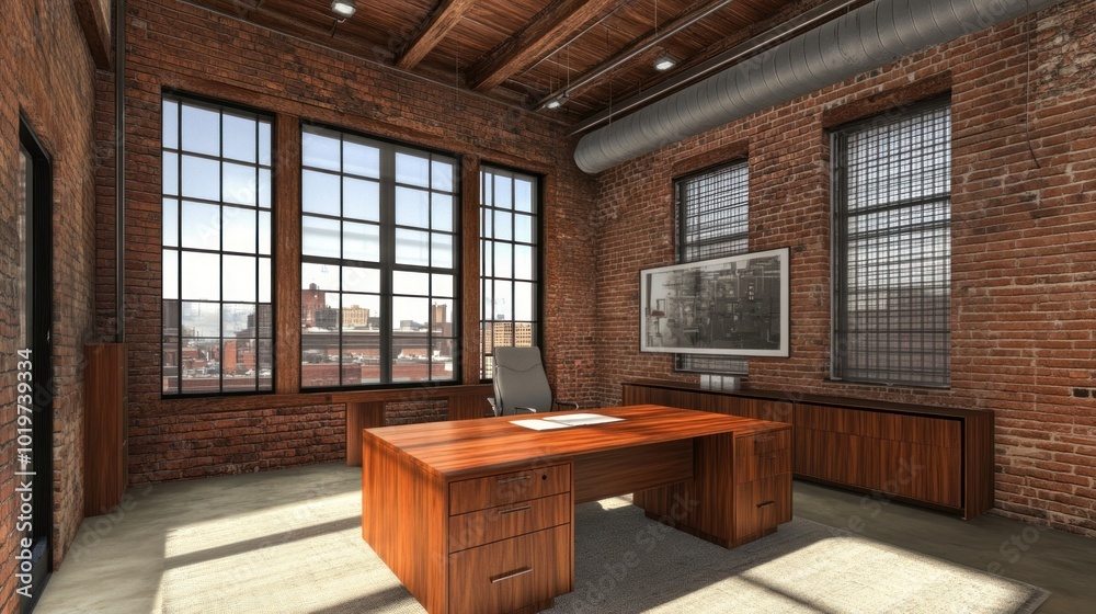 Sticker Modern office interior with large windows and wooden furniture.