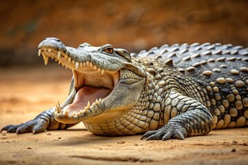 Obraz premium Big crocodile with open mouth lying down on ground, minimalist design