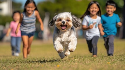 Fototapeta premium A joyful dog runs alongside children in a park, capturing a moment of play and happiness.