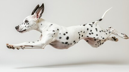 A Dalmatian dog leaps gracefully in mid-air against a plain background.