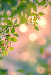 Obraz premium A close-up of delicate white blossoms on a branch, bathed in the warm glow of the spring sun magic spring background with copy space.