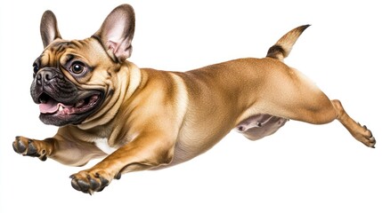 Fototapeta premium A playful French Bulldog leaping in mid-air, showcasing its agility and joy.