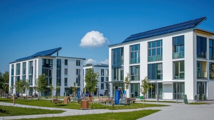 Modern eco-friendly buildings with solar panels in a green urban setting.