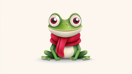 Cute Green Frog Mascot Wearing Red Scarf on White Background