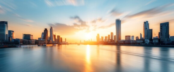 Fototapeta premium Stunning City Skyline at Sunset Reflecting on Calm Waters A Glimpse into Urban Beauty