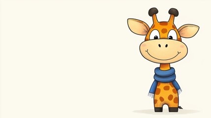 Obraz premium Cute Cartoon Giraffe Character Wearing Blue Scarf in Savanna
