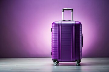 Big purple modern rolling travel suitcase on solid bright background