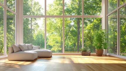 Bright, modern living space with large windows and views of lush greenery.