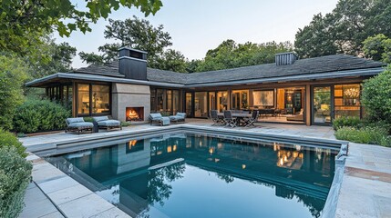Modern home with a pool surrounded by greenery, showcasing outdoor living and relaxation.