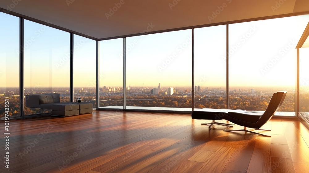 Poster Modern living room with large windows showcasing a city skyline at sunset.