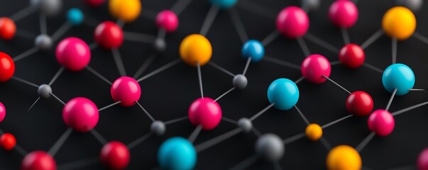 Colorful molecular structure model with interconnected spheres representing atoms and chemical bonds on a black background.