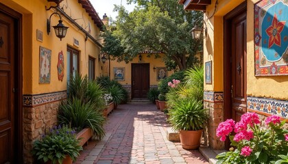 Naklejka premium Colorful courtyard with vibrant flowers and lush greenery in a sunny setting