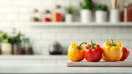 Fresh red and yellow bell peppers on a cutting board in a modern kitchen with a blurred background of kitchen shelves and utensils.