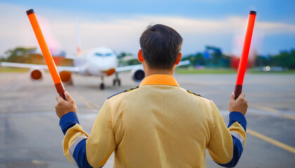 man in suit with light stick marshalling airplane in airport