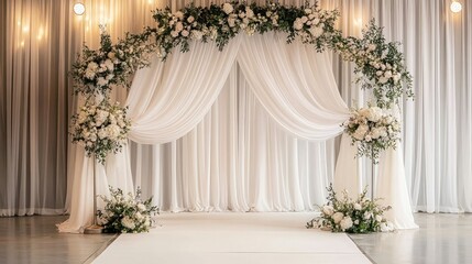 A beautifully decorated wedding arch with draped fabric and floral arrangements.