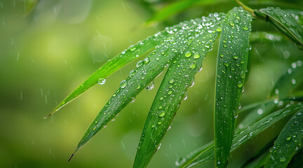Obraz premium Bamboo forest. Rain has caused water droplets on the leaves. Large bamboo in the foreground, naturally out of focus behind