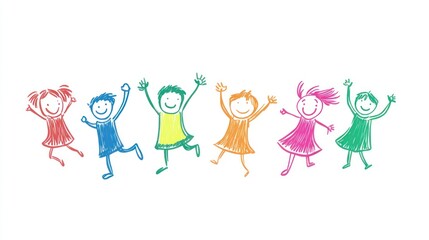 Cute children's art jumping and laughing happily with colorful lines imagination display on paper simple kindergarten children's drawing hand drawn concept