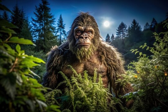 Bigfoot cryptid lurking in bushes at night watching campers